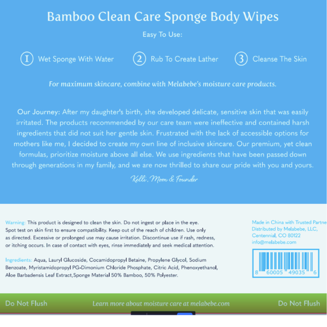 Bamboo Clean Care Sponge Body Wipes (1 pack of 25 wipes)